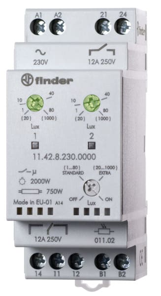 FINDER - Dämmerungsschalter DIN-Schiene, bis 1000 Lux, 1 W + 1 Schliesser 12A, für 230VAC