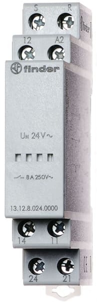 FINDER - Ruf-Quittier-Relais für Reiheneinbau, 1 W und 1 Schliesser 8A, für 12VAC/DC