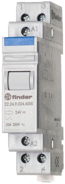 FINDER - Installationsrelais Reiheneinbau, 2 Öffner 20A, Prüftaste, 12VDC
