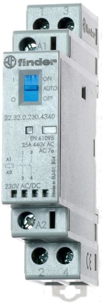FINDER - Schütz Reiheneinbau, 1Ö+1S 25A, Spule 24VAC/DC, On-Auto-Off, LED