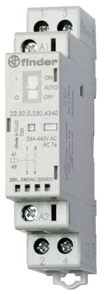 FINDER - Schütz Reiheneinbau, 2 Schliesser 25A, Spule 230VAC/DC, On-Auto-Off, LED