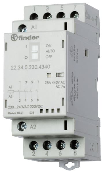 FINDER - Schütz Reiheneinbau, 4 Schliesser 25A, Spule 230VAC/DC, On-Auto-Off, LED