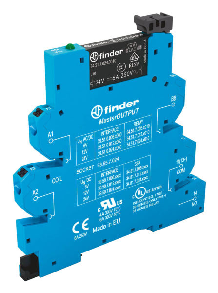 FINDER - Koppelrelais MasterOUTPUT, Push-In, 1 Schliesser 6A, Spule 24VAC/DC