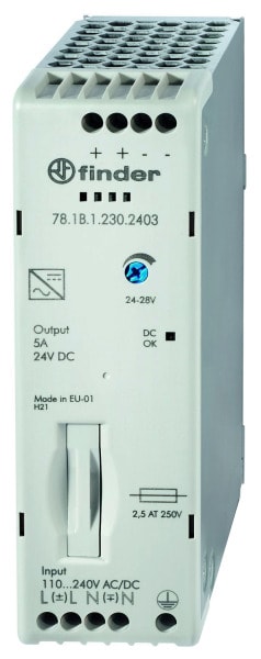 FINDER - DIN-Schienen Schaltnetzteil, Eingang 120-240VAC oder 220VDC, Ausgang 110W 24VDC
