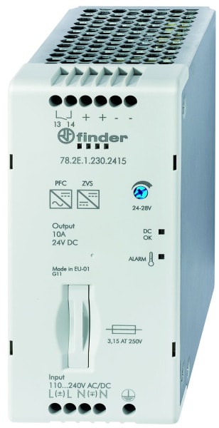 FINDER - DIN-Schienen Schaltnetzteil, Eingang 110-240VAC/DC, Vorwarnk, Ausgang 240W 24VDC