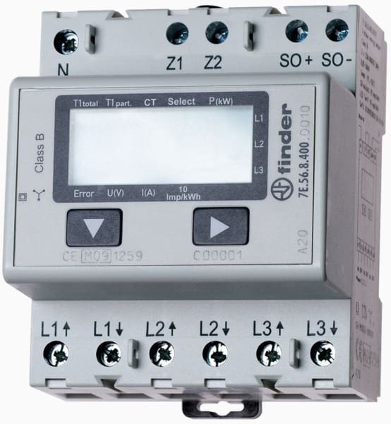 FINDER - Zähler, wandlerfähig, 3-Phasen Drehstrom, max. 6A, LCD, S0, MID