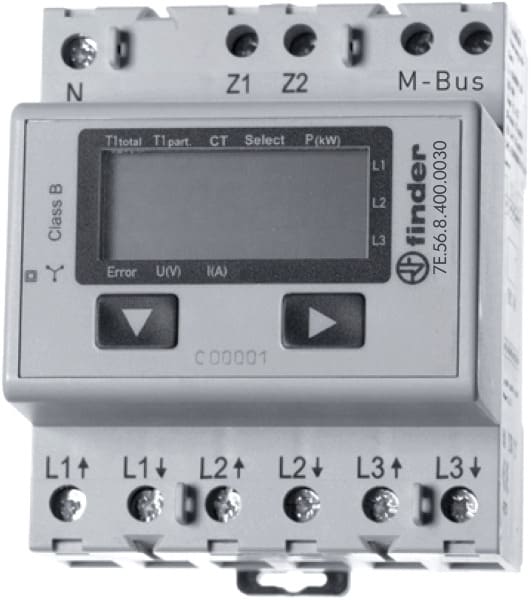 FINDER - Wandlerzähler, 3-Phasen Drehstrom, max. 6A, LCD, M-Bus Schnittstelle, MID