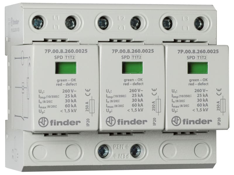 FINDER - Überspannungsableiter Typ 1+2, Varistor + Funkenstrecke, 3-ph TN-C-Netze