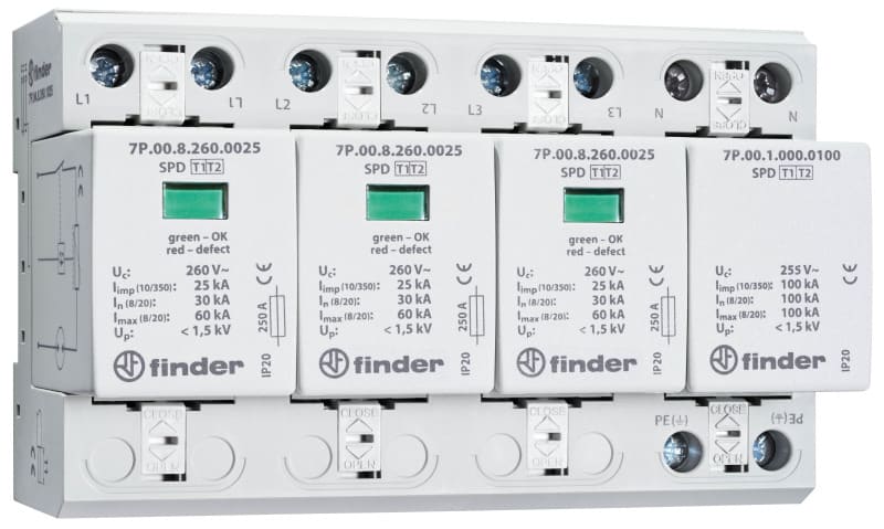 FINDER - Überspannungsableiter Typ 1+2, Varistor + Funkenstrecke, 3-ph TN-S/TT-Netze