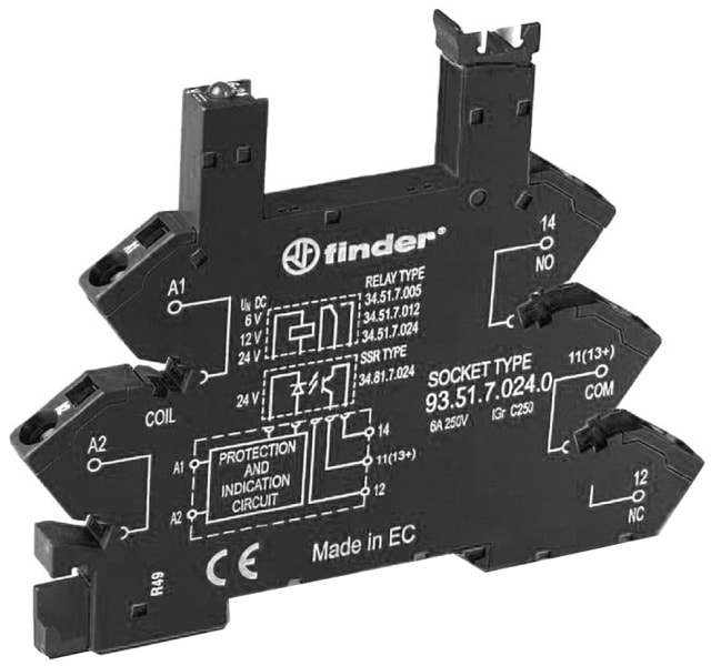 FINDER - Fassung,schwarz, Zugfeder, Relais 34.51 oder 34.81, für 6 bis 24VAC/DC