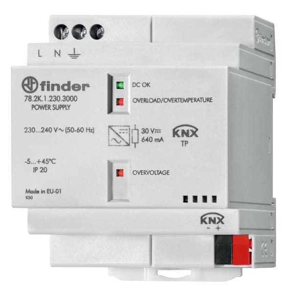FINDER - DIN-Schienen Schaltnetzteil KNX-Bus, 640mA, Eingang 230-240VAC, Ausgang 30VDC