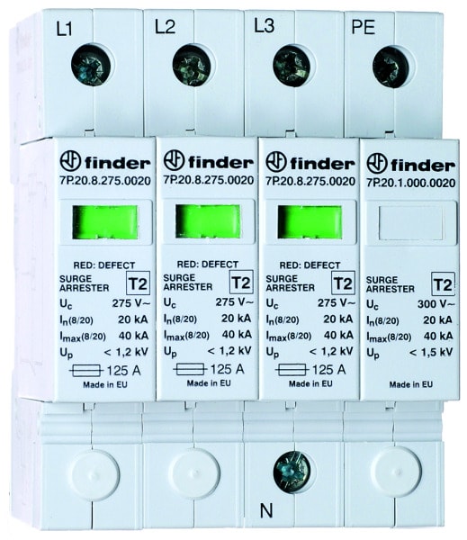 FINDER - Überspannungsableiter Typ 2, 3 Varistoren und Funkenstrecke (N-PE), für 3-phasige TN-S und TT-Netze