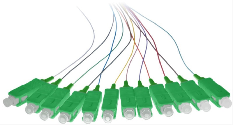 CABLEDOC - fiber pigtail rainbow set 0.9mm OS2 G652 LSZH simplex SC/APC 8º 12 fibers, 2m