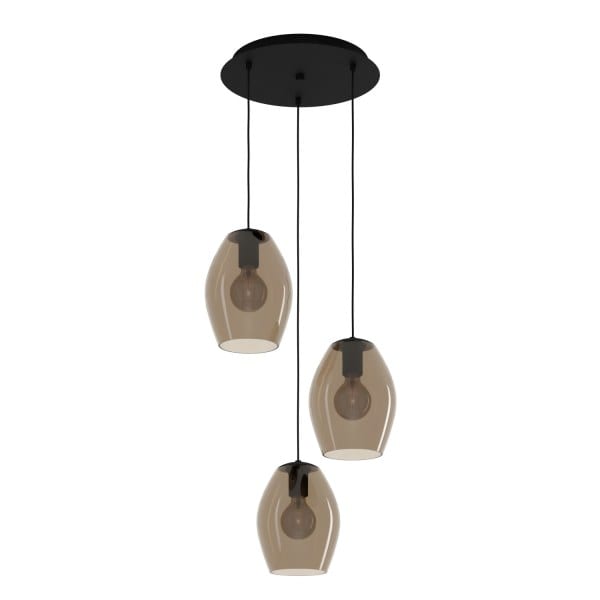 EGLO - Pendelleuchte/3 E27 SCHWARZ/BRAUN-TRANSP.'ESTANYS 1