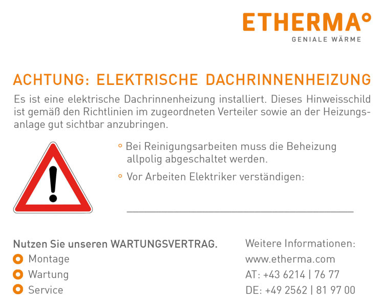 ETHERMA - Warnaufkleber ''Achtung elektrische Dachrinnenheizung''