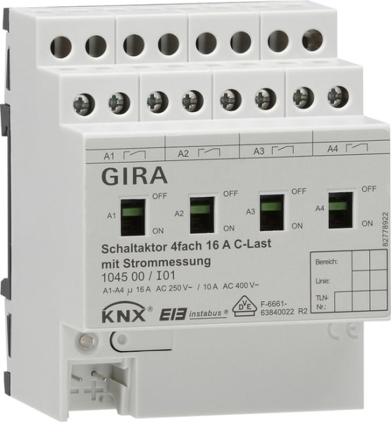 GIRA - Schaltaktor 4f 16 A Hand + Strom C-Last KNX REG