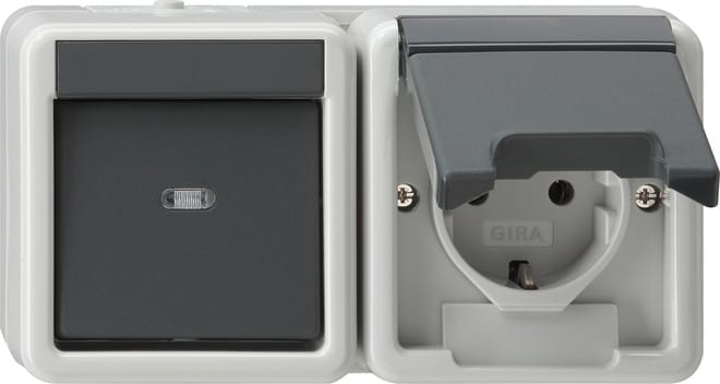 GIRA - Kombi AusWe/SCHUKO-Steckd. waager. KD WG AP Grau