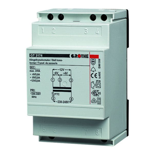 GROTHE - Klingeltransformator VE/AP-Mont. 4/8/12V (3,0/2,0/2,0A) 24VA Typ GTN 3174