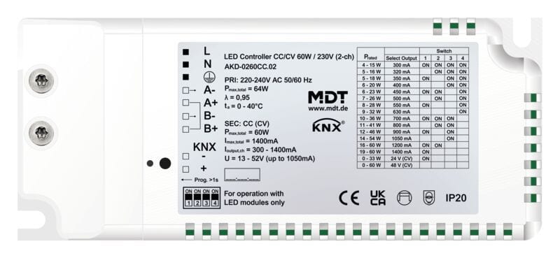 MDT - MDT LED Kontroller CC/CV 2-Kanal 60W/230 V