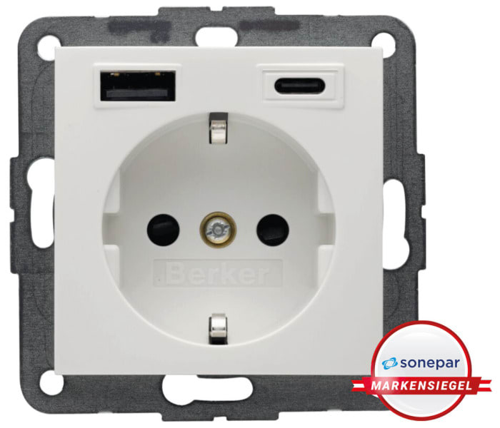 BERKER - MS! S.1/B.x SSD mit 1x USB A/1x USB C AC 20W PD, polarweiß glänzend