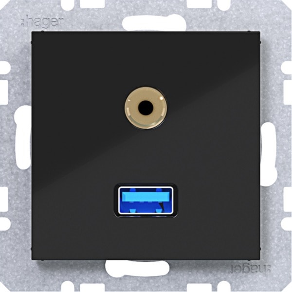 HAGER - A.x/C.x USB/3,5 mm Audio Steckdose, nachtschwarz glänzend