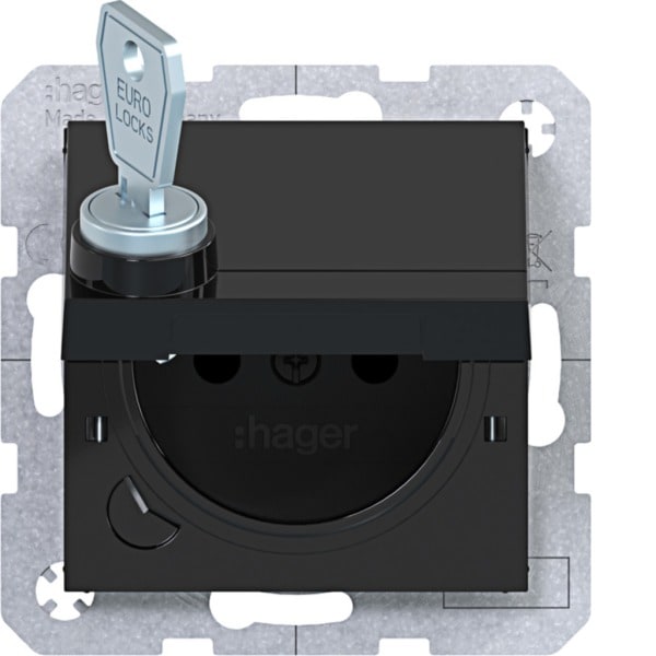 HAGER - A.x/C.x SD Klapp arret Schuko-sti erh. Ber.schutz, Schloss, n.schwarz gl.