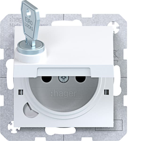 HAGER - A.x/C.x SD Klapp arret Schuko-sti erh. Ber.schutz, Schloss, lichtweiß gl.
