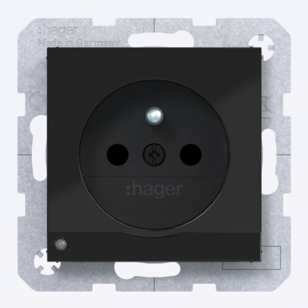 HAGER - A.x/C.x SD m. Schuko-sti. Or. LED erh. Ber.schutz, Liftkl., n.schwarz gl.