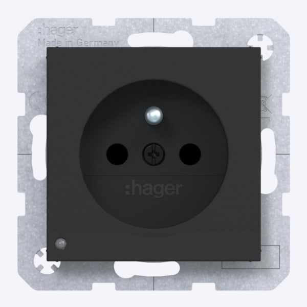 HAGER - A.x/C.x SD m. Schuko-sti. Or. LED erh. Ber.schutz, Liftkl., t.schwarz m.