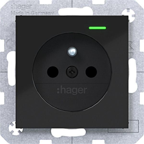 HAGER - A.x/C.x SD, Schuko-sti. Kont. LED erh. Ber.schutz, Liftkl., n.schwarz gl.