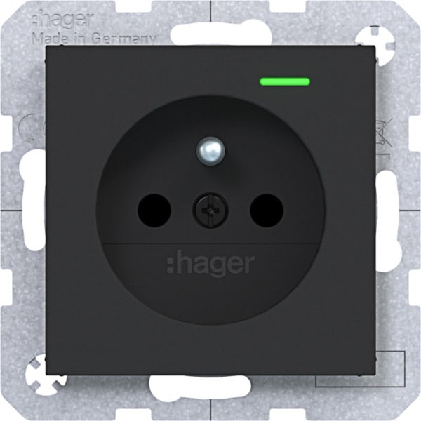 HAGER - A.x/C.x SD, Schuko-sti. Kont. LED erh. Ber.schutz, Liftkl., n.schwarz m.
