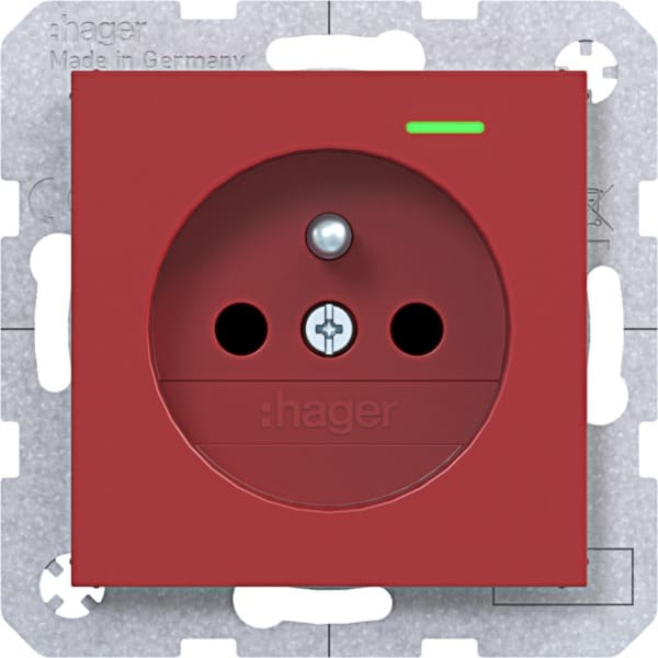 HAGER - A.x/C.x SD, Schuko-sti. Kont. LED erh. Ber.schutz, Liftkl., rot glänzend
