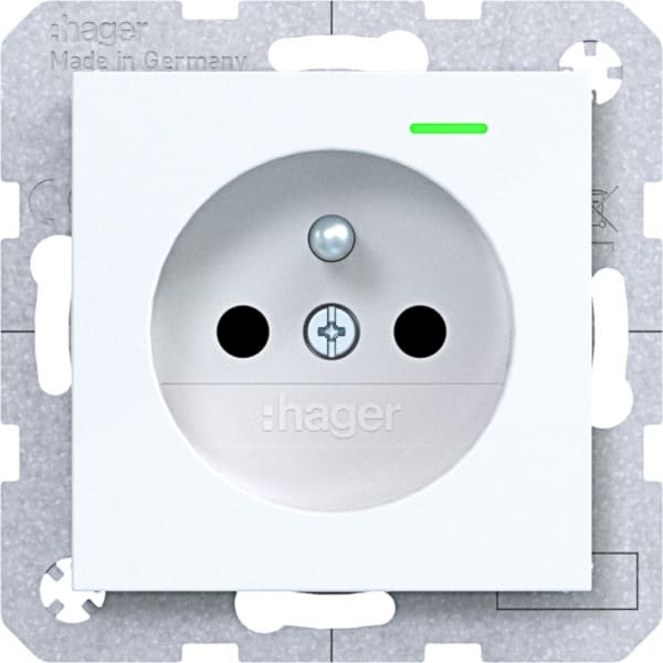 HAGER - A.x/C.x SD, Schuko-sti. Kont. LED erh. Ber.schutz, Liftkl., l.weiß gl.