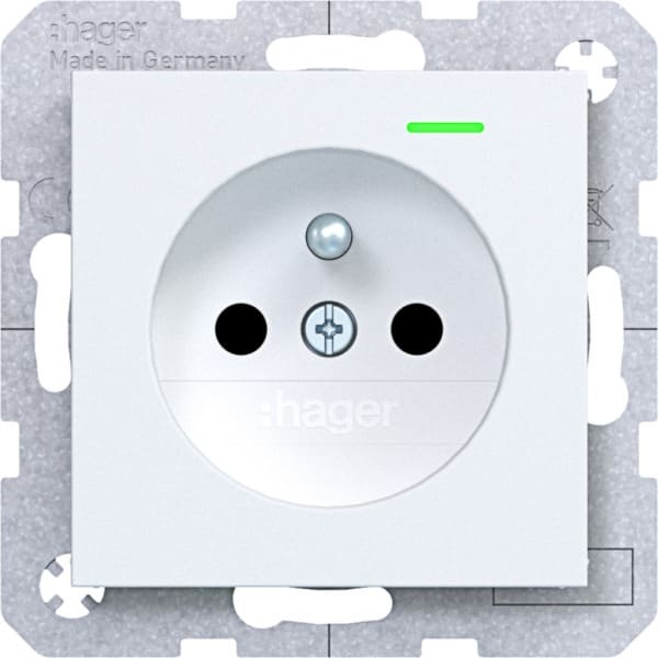 HAGER - A.x/C.x SD, Schuko-sti. Kont. LED erh. Ber.schutz, Liftkl., lichtweiß matt