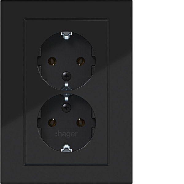 HAGER - A.8 Doppelsteckdose mit Abdeckung hoch, nachtschwarz glänzend