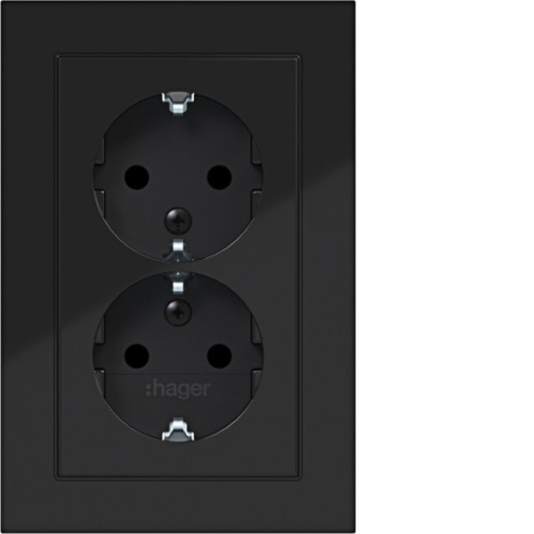 HAGER - A.1 Doppelsteckdose mit Abdeckung hoch, erh. Ber.schutz, nachtschwarz gl.