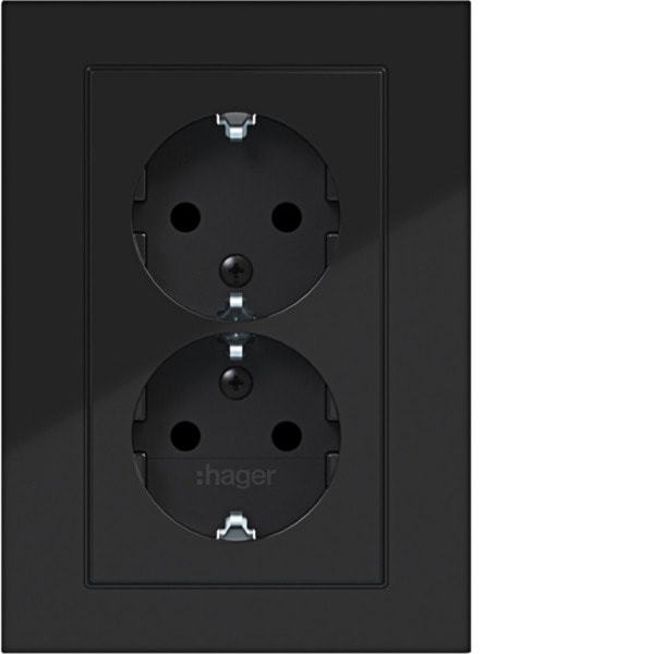 HAGER - A.8 Doppelsteckdose mit Abdeckung hoch, erh. Ber.schutz, nachtschwarz gl.