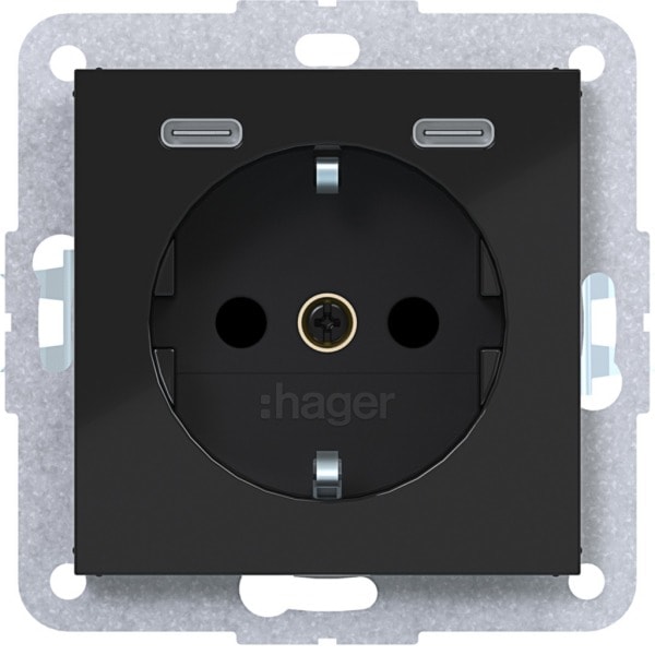 HAGER - A.x/C.x SSD mit 2fach mit USB-C 20W, erh. Ber.schutz, n:schwarz glänzend