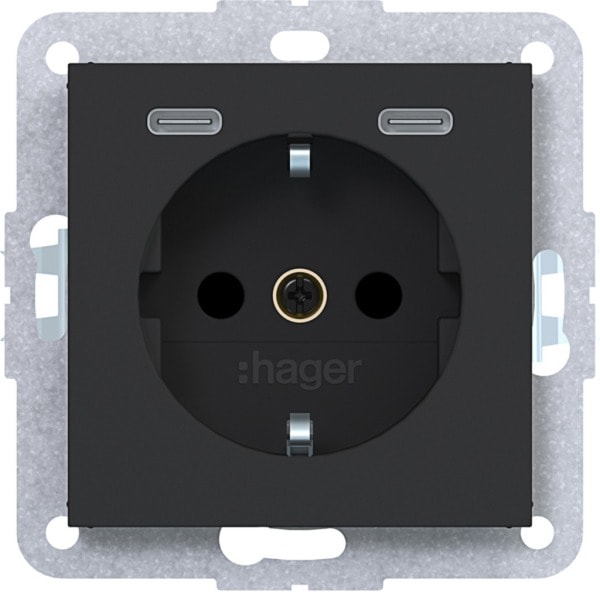 HAGER - A.x/C.x SSD mit 2fach mit USB-C 20W, erh. Ber.schutz, nachtschwarz matt
