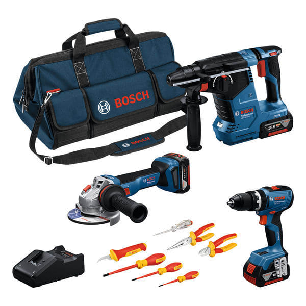 BOSCH WERKZEUG - aus: GSB18V-65+GWS18V-11+GBH18V-24C+VDE-Schraubendr./-Zange+3xAkku+Ladeger.