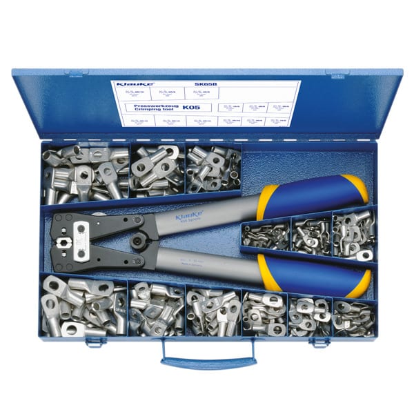 KLAUKE - Sortimentskasten aus Stahl mit Rohrkabelschuhen 6-50mm² und Presswerkzeug K05