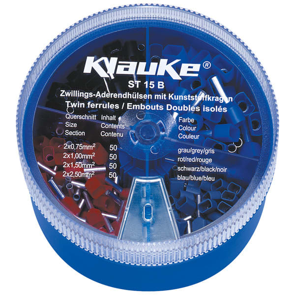 KLAUKE - Streudose mit isolierten Zwillings-Aderendhülsen 2 x 0,75 - 2 x 2,5mm²
