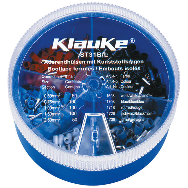 KLAUKE - Streudose mit isolierten Aderendhülsen 0,5-2,5mm², DIN 46228 Teil 4, Farbcode 2