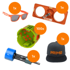 PRIMO - 100xQnect HWD 62mm, 1xBohrschablone, 1xBohr-Fixx, je 1xPrimo-Brille +Primo-CAP