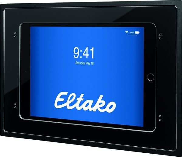 ELTAKO - Unterputz-Wand-Dockingstation für iPads 10,9 Zoll mit Ladefunktion, Alu schwarz eloxiert mit schwarzer Glasblende