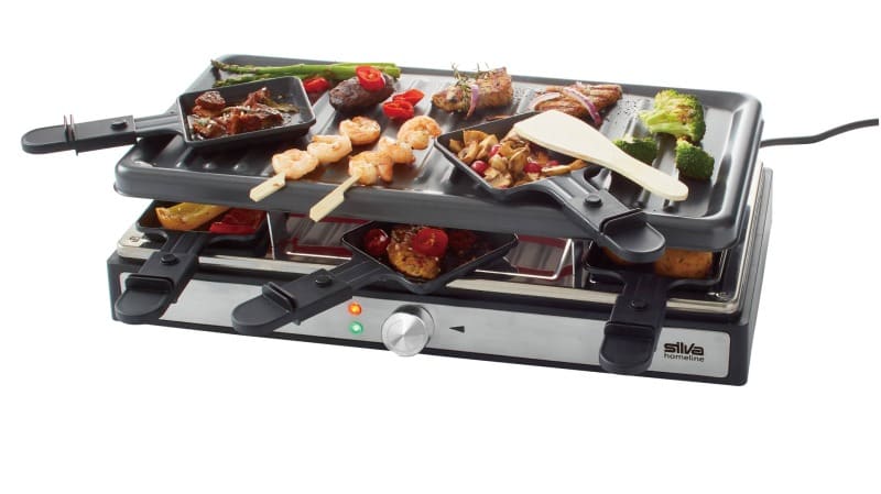 SILVA HOMELINE - Raclette 1200-1400W 8Pfänn Antihaft Thermost. eckig sw-inox