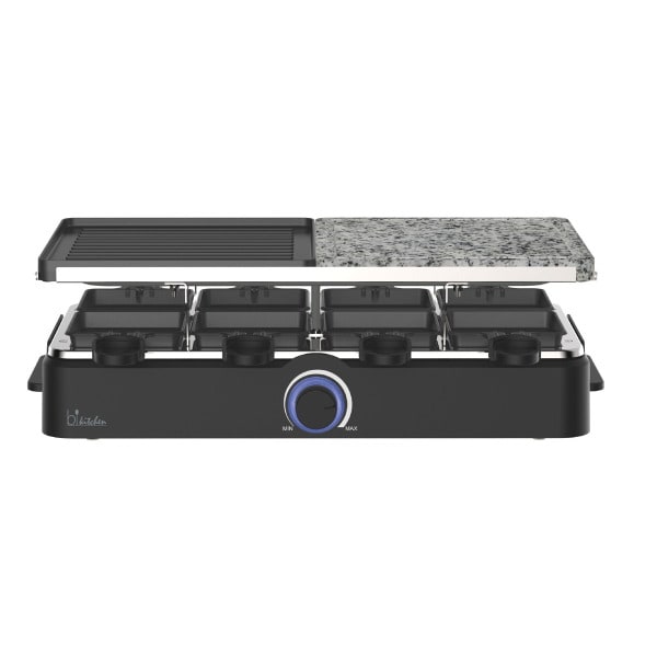 BKITCHEN - Raclette 1400W 8Pfännchen Stein-und Alugussplatte antihaft Thermostat sw