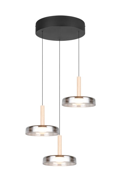 TRIO LEUCHTEN - 3x7,5W,3x750lm, 3000K,D.35xH.200cm,Metall Schw m.Glas rauchfarb,SwD,Lift-me