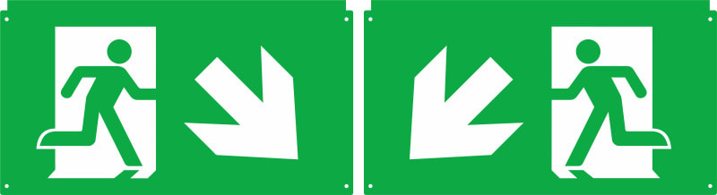 DOTLUX - Erweitertes Piktogrammset Pfeil diagonal links und rechts unten für LED-Notleuchte EXITflip Set 2 Stück
