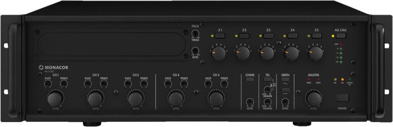 MONACOR - ELA-Mono-Mischverstärker 19'' 100V/4Ohm 120W 5Zonen sw